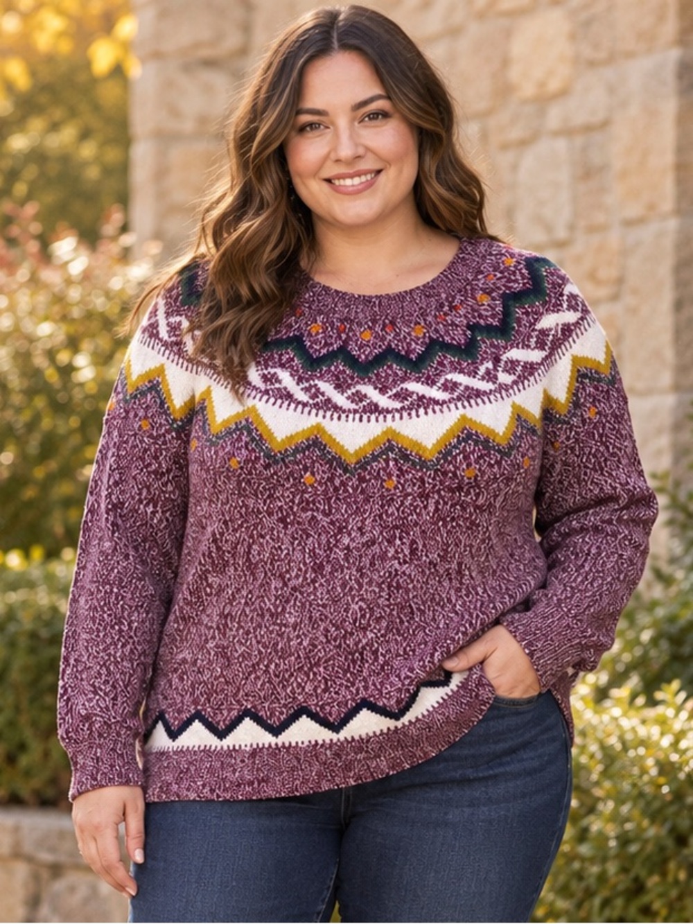 Old Navy Women’s XXL Burgundy Fair Isle Marled Knit Sweater Nordic Boho